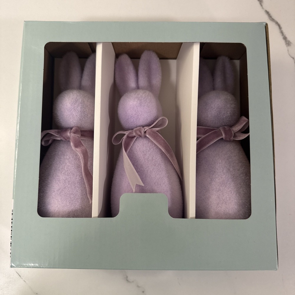 KIRKTON HOUSE  ALDI EASTER PURPLE LAVENDER FLOCKED BUNNIES 3 PACK SMALL - Picture 2 of 3